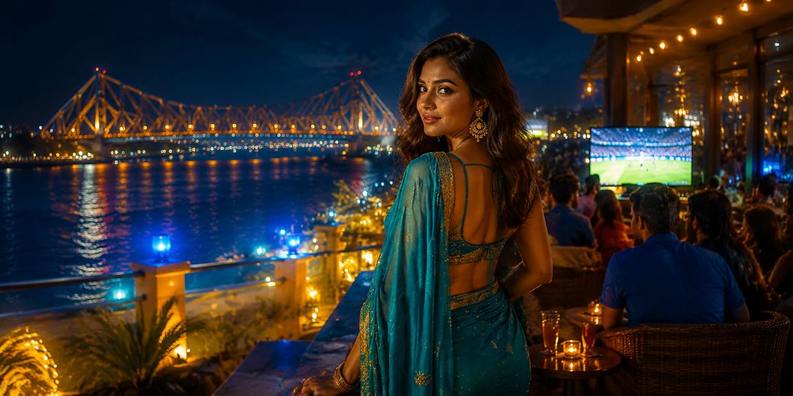 Kolkata cityscape with Howrah Bridge and cricket betting scene
